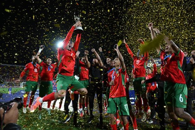 (251020) -- SANTIAGO, Oct. 20, 2025 -- Team Morocco celebrate during the awarding ceremony after the final match between Argentina and Morocco at the FIFA U-20 World Cup Chile 2025 in Santiago, Chile, Oct. 19, 2025. (Photo by Xinhua) (SP)CHILE-SANTIAGO-FOOTBALL-FIFA U20 WORLD CUP-FINAL JorgexVillegas 