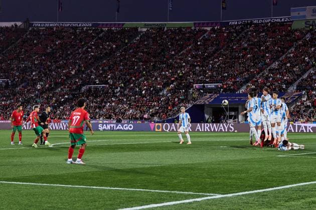(251020) -- SANTIAGO, Oct. 20, 2025 -- Yassir Zabiri (2nd L) of Morocco scores a goal during the final match between Argentina and Morocco at the FIFA U-20 World Cup Chile 2025 in Santiago, Chile, Oct. 19, 2025. ) (SP)CHILE-SANTIAGO-FOOTBALL-FIFA U20 WORLD CUP-FINAL MengxDingbo 