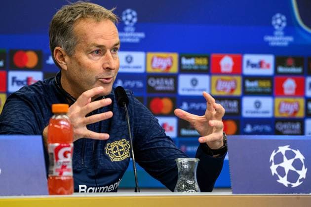 LEVERKUSEN, GERMANY - 20 OCTOBER, 2025: Kasper Hjulmand - UEFA Champions League, MD-1, press conference, PK, Pressekonferenz at BayArena.  Copyright: xx