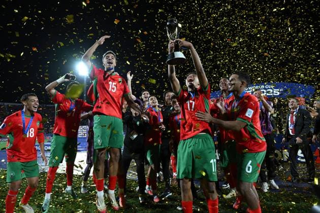 (251020) -- SANTIAGO, Oct. 20, 2025 -- Team Morocco celebrate during the awarding ceremony after the final match between Argentina and Morocco at the FIFA U-20 World Cup Chile 2025 in Santiago, Chile, Oct. 19, 2025. (Photo by Xinhua) (SP)CHILE-SANTIAGO-FOOTBALL-FIFA U20 WORLD CUP-FINAL JorgexVillegas 