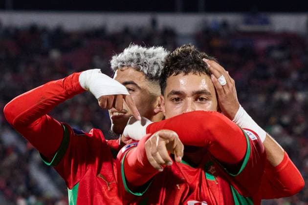 (251020) -- SANTIAGO, Oct. 20, 2025 -- Yassir Zabiri (back) and Othmane Maamma of Morocco celebrate a goal during the final match between Argentina and Morocco at the FIFA U-20 World Cup Chile 2025 in Santiago, Chile, Oct. 19, 2025. ) (SP)CHILE-SANTIAGO-FOOTBALL-FIFA U20 WORLD CUP-FINAL MengxDingbo 