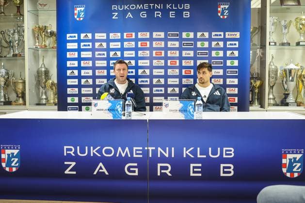 press conference, PK, Pressekonferenz of HC Zagreb Coach of HC Zagreb Andrija Nikolic and player Davor Gavric during a press conference ahead of the round 6 of the Machinseeker EHF Champions League on October 20, 2025 in Zagreb, Croatia. HC Zagreb will play against the Hungarian OTP Pick Szeged at the Arena Zagreb on October 22.  GoranxStanzl PIXSELL