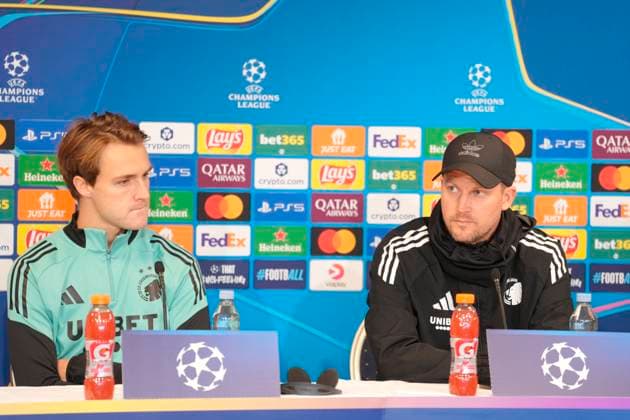 Denmark Champions League FC Copenhagen Head coach Jacob Neestrup, right, and William Clem during FC Copenhagen press conference at Parken on Monday, October 20, 2025 FC Copenhagen faces the German team Borussia Dortmund in the Champions League at Parken on Tuesday Photo Liselotte Sabroe Scanpix 2025 , Copenhagen Denmark  Copyright: LiselottexSabroex spdk20251020-163458-L