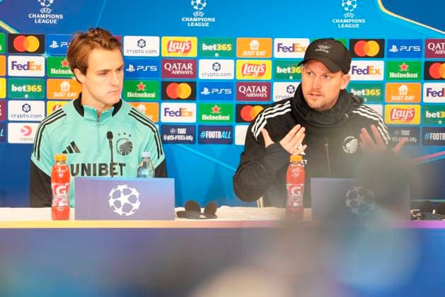 Denmark Champions League FC Copenhagen Head coach Jacob Neestrup, right, and William Clem during FC Copenhagen press conference at Parken on Monday, October 20, 2025 FC Copenhagen faces the German team Borussia Dortmund in the Champions League at Parken on Tuesday Photo Liselotte Sabroe Scanpix 2025 , Copenhagen Denmark  Copyright: LiselottexSabroex spdk20251020-163653-L