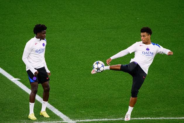 LEVERKUSEN, GERMANY - 20 OCTOBER, 2025: Quentin Ndjantou, Desire Doue - UEFA Champions League, MD-1, Practice PSG at BayArena.  Copyright: xx