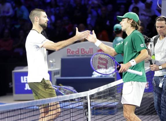 TENNIS - ATP, Tennis Herren Erste Bank Open VIENNA,AUSTRIA,20.OCT.25 - TENNIS - ATP World Tour, Erste Bank Open. Image shows Jurij Rodionov (AUT) and Alex de Minaur (AUS).  GEPAxpictures xWalterxLuger