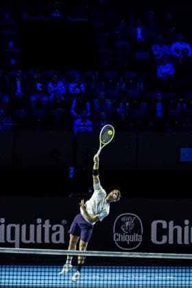 20th October 2025; St. Jakobshalle, Basel, Switzerland; 2025 ATP, Tennis Herren Swiss Indoor Tennis Day 2; Alejandro Davidovich Fokina (ESP) in action against Lorenzo Sonego (ITA) in the first round  DavidxEmm