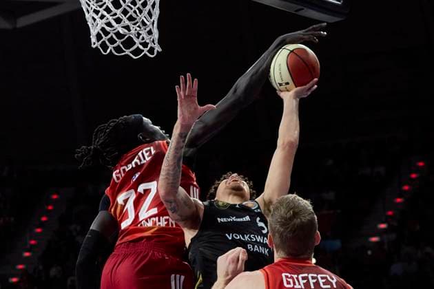 German Basketball BBL Cup, FC Bayern Munich Basketball vs Basketball Lions Braunschweig, Munich FC Bayern Basketball, Braunschweig Basketball Lions, 2025 10 20 in Munich BMW Park OBIESIE Joshua Basketball Lions Braunschweig Shooting Guard Nr 8 BRA8 , GIFFEY Niels FC Bayern Basketball SF Nr5 FCBB5 , GABRIEL Wenyen FC Bayern Basketball C Nr32 FCBB32 sportworld Munich BMW Park Bayern Germany
