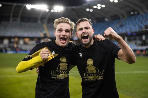 251020 Mjällbys Jeppe Kjaer and Axel Norén cheer after the football match in Allsvenskan between IFK Göteborg and Mjällby on October 20, 2025 in Gothenburg  Copyright: MICHAELxERICHSEN BB251020MI050