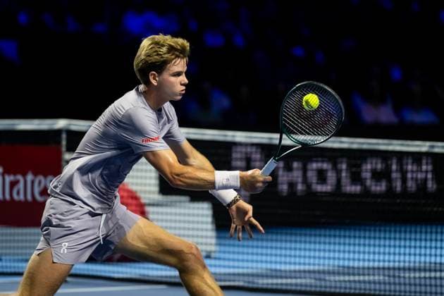 20th October 2025; St. Jakobshalle, Basel, Switzerland; 2025 ATP, Tennis Herren Swiss Indoor Tennis Day 2; Henry Bernet (SUI) in action in the match against Jakub Mensik (CZE) in the first round  DavidxEmm