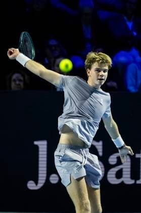 20th October 2025; St. Jakobshalle, Basel, Switzerland; 2025 ATP, Tennis Herren Swiss Indoor Tennis Day 2; Henry Bernet (SUI) in action in the match against Jakub Mensik (CZE) in the first round  DavidxEmm