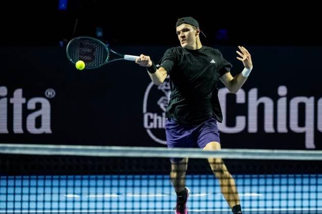 20th October 2025; St. Jakobshalle, Basel, Switzerland; 2025 ATP, Tennis Herren Swiss Indoor Tennis Day 2; Jakub Mensik (CZE) in action in the match against Henry Bernet (SUI) in the first round  DavidxEmm