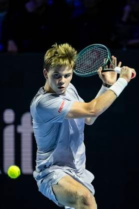 20th October 2025; St. Jakobshalle, Basel, Switzerland; 2025 ATP, Tennis Herren Swiss Indoor Tennis Day 2; Henry Bernet (SUI) in action in the match against Jakub Mensik (CZE) in the first round  DavidxEmm
