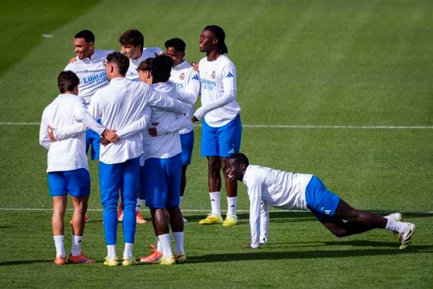Real Madrid C.F. Training Session And press conference, PK, Pressekonferenz - UEFA Champions League 2025 26 League Phase MD3 Players of Real Madrid (from L to R) Trent Alexander-Arnold, Endrick Felipe, Eduardo Camavinga, Ferland Mendy are seen during the Training Session and Press Conference ahead of the UEFA Champions League 2024 25 match against Juventus FC at Ciudad Real Madrid on October 21, 2025 in Valdebebas, Spain. Valdebebas Ciudad Real Madrid Madrid Spain Copyright: xAlbertoxGardinx AGardin_20251021_Foot_Champions_Real_Madrid_PC_0212