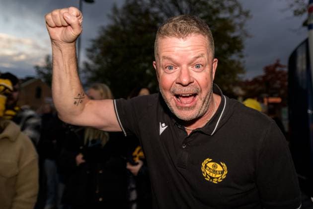 251021 Mjällbys coach Anders Torstensson when the team is welcomed home by the supporters on October 21, 2025 in Sölvesborg  Copyright: MATHILDAxSCHULER BB251021MA032