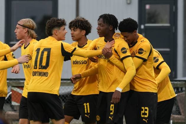 Wednesday, 21 10 2025 Season 2025 2026 Matchday 3 UEFA Youth League at Tingbjerg Idraetspark, Copenhagen, Denmark FC Copenhagen U19 BV Borussia Dortmund U19 Goal celebration after the 1 0 by Pharell Kegni BVB