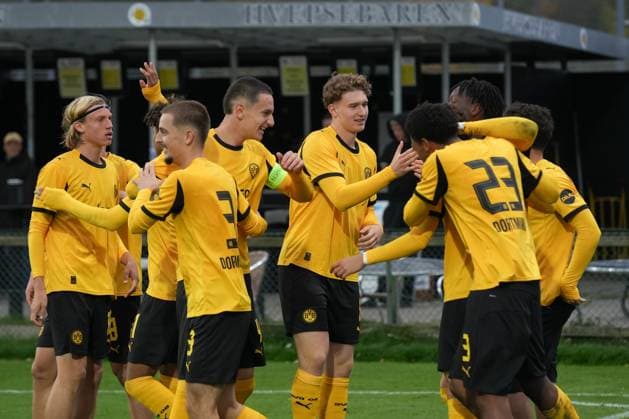 Wednesday, 21 10 2025 Season 2025 2026 Matchday 3 UEFA Youth League at Tingbjerg Idraetspark, Copenhagen, Denmark FC Copenhagen U19 BV Borussia Dortmund U19 Goal celebration after the 1 0 by Pharell Kegni BVB