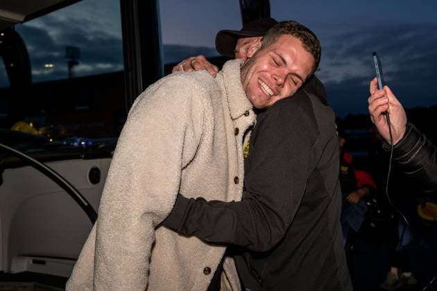 251021 Mjällbys Jacob Bergström when the team is welcomed home by the supporters on October 21, 2025 in Sölvesborg  Copyright: MATHILDAxSCHULER BB251021MA054