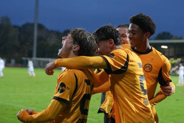 Wednesday, 21 10 2025 Season 2025 2026 Matchday 3 UEFA Youth League at Tingbjerg Idraetspark, Copenhagen, Denmark FC Copenhagen U19 BV Borussia Dortmund U19 Goal celebration after the 2 0 by Tom Lasse Faust BVB