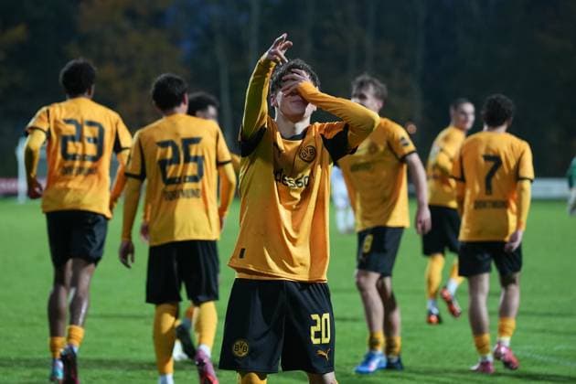 Wednesday, 21 10 2025 Season 2025 2026 Matchday 3 UEFA Youth League at Tingbjerg Idraetspark, Copenhagen, Denmark FC Copenhagen U19 BV Borussia Dortmund U19 Goal celebration after the 2 0 by Tom Lasse Faust BVB