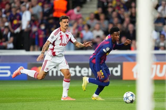 during the UEFA Champions League match, between FC Barcelona, Barca and Olympiacos FC, Lluis Companys Stadium on October 21, 2025 in Barcelona, Spain. (Photo by Bagu Blanco PRESSIN).. Copyright: xBaguxBlancox xPRESSINx