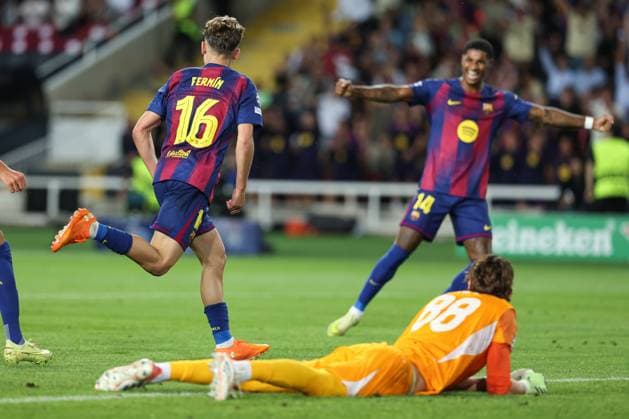 October 21, 2025, Barcelona, Barcelona, SPAIN: Fermin Lopez of FC Barcelona, Barca celebrates a goal during the UEFA Champions League 2025 26 League Phase MD3 match between FC Barcelona and Olympiacos FC at Estadi Olimpic Lluis Companys on October 21, 2025 in Barcelona, Spain. Barcelona SPAIN - ZUMAa181 20251021_zaa_a181_128 Copyright: xIrinaxR.xHipolitox