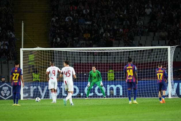 during the UEFA Champions League match, between FC Barcelona, Barca and Olympiacos FC, Lluis Companys Stadium on October 21, 2025 in Barcelona, Spain. (Photo by Bagu Blanco PRESSIN).. Copyright: xBaguxBlancox xPRESSINx