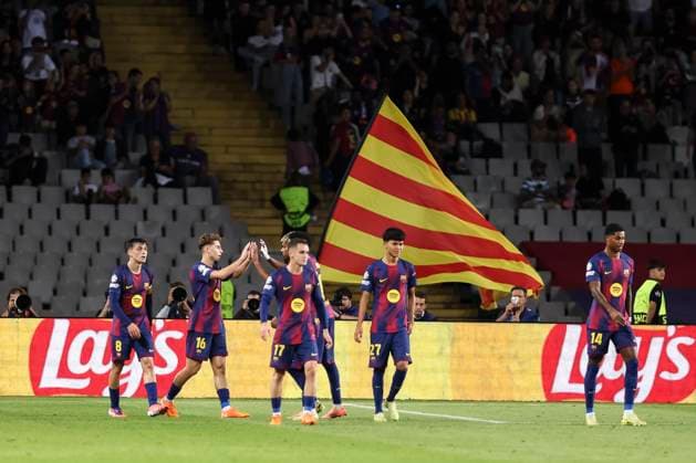 October 21, 2025, Barcelona, Barcelona, SPAIN: Fermin Lopez of FC Barcelona, Barca celebrates a goal with teammates during the UEFA Champions League 2025 26 League Phase MD3 match between FC Barcelona and Olympiacos FC at Estadi Olimpic Lluis Companys on October 21, 2025 in Barcelona, Spain. Barcelona SPAIN - ZUMAa181 20251021_zaa_a181_160 Copyright: xJavierxBorregox