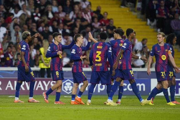 during the UEFA Champions League match, between FC Barcelona, Barca and Olympiacos FC, Lluis Companys Stadium on October 21, 2025 in Barcelona, Spain. (Photo by Bagu Blanco PRESSIN).. Copyright: xBaguxBlancox xPRESSINx