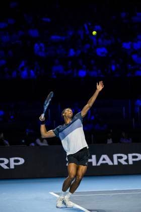 21st October 2025; St. Jakobshalle, Basel, Switzerland; 2025 ATP, Tennis Herren Swiss Indoor Tennis Day 3; Giovanni Mpetshi Perricard (FRA) in action during the match against Joao Fonseca (BRA) in the first round  DavidxEmm