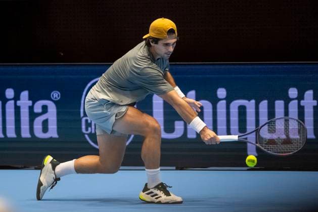 21st October 2025; St. Jakobshalle, Basel, Switzerland; 2025 ATP, Tennis Herren Swiss Indoor Tennis Day 3; Marcos Giron (USA) in action during the match against Denis Shapovalov (CAN) in the first round  DavidxEmm