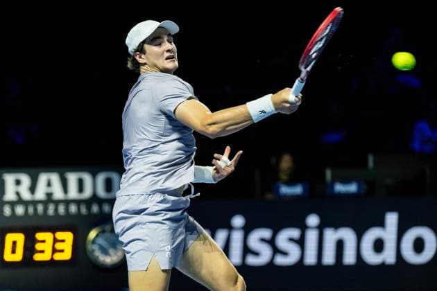 21st October 2025; St. Jakobshalle, Basel, Switzerland; 2025 ATP, Tennis Herren Swiss Indoor Tennis Day 3; Joao Fonseca (BRA) in action during the match against Giovanni Mpetshi Perricard (FRA) in the first round  DavidxEmm