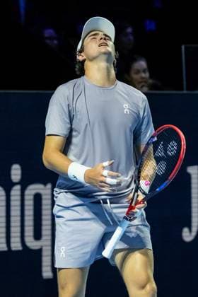 21st October 2025; St. Jakobshalle, Basel, Switzerland; 2025 ATP, Tennis Herren Swiss Indoor Tennis Day 3; Joao Fonseca (BRA) in action during the match against Giovanni Mpetshi Perricard (FRA) in the first round  DavidxEmm