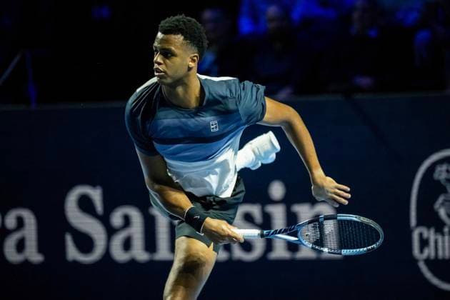 21st October 2025; St. Jakobshalle, Basel, Switzerland; 2025 ATP, Tennis Herren Swiss Indoor Tennis Day 3; Giovanni Mpetshi Perricard (FRA) in action during the match against Joao Fonseca (BRA) in the first round  DavidxEmm