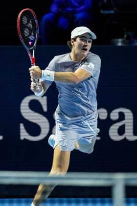 21st October 2025; St. Jakobshalle, Basel, Switzerland; 2025 ATP, Tennis Herren Swiss Indoor Tennis Day 3; Joao Fonseca (BRA) in action during the match against Giovanni Mpetshi Perricard (FRA) in the first round  DavidxEmm