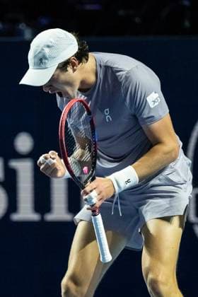 21st October 2025; St. Jakobshalle, Basel, Switzerland; 2025 ATP, Tennis Herren Swiss Indoor Tennis Day 3; Joao Fonseca (BRA) reacts during the match against Giovanni Mpetshi Perricard (FRA) in the first round  DavidxEmm