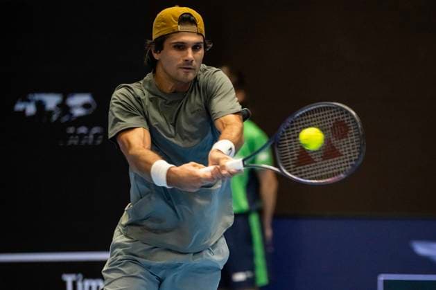 21st October 2025; St. Jakobshalle, Basel, Switzerland; 2025 ATP, Tennis Herren Swiss Indoor Tennis Day 3; Marcos Giron (USA) in action during the match against Denis Shapovalov (CAN) in the first round  DavidxEmm