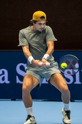 21st October 2025; St. Jakobshalle, Basel, Switzerland; 2025 ATP, Tennis Herren Swiss Indoor Tennis Day 3; Marcos Giron (USA) in action during the match against Denis Shapovalov (CAN) in the first round  DavidxEmm