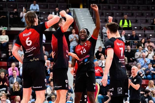 Ludwigsburg Bundesliga 25 26 MTV Ludwigsburg SVG Lueneburg Ben Simon Bonin Ludwigsburg , Jan Huber Ludwigsburg , Nyherowo Omene Ludwigsburg , Tim Koepfli Köpfli Ludwigsburg Jubel Freude Emotion Ludwigsburg MHP Arena Baden Württemberg Germany