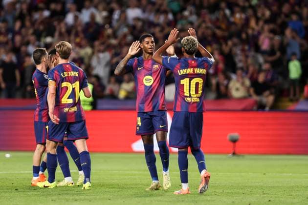 October 21, 2025, Barcelona, Barcelona, SPAIN: Marcus Rashford of FC Barcelona, Barca celebrates a goal with teammates during the UEFA Champions League 2025 26 League Phase MD3 match between FC Barcelona and Olympiacos FC at Estadi Olimpic Lluis Companys on October 21, 2025 in Barcelona, Spain. Barcelona SPAIN - ZUMAa181 20251021_zaa_a181_250 Copyright: xJavierxBorregox