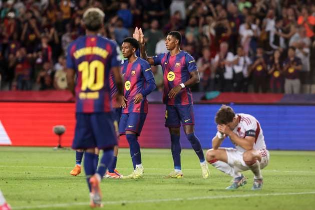 October 21, 2025, Barcelona, Barcelona, SPAIN: Marcus Rashford of FC Barcelona, Barca celebrates a goal with teammates during the UEFA Champions League 2025 26 League Phase MD3 match between FC Barcelona and Olympiacos FC at Estadi Olimpic Lluis Companys on October 21, 2025 in Barcelona, Spain. Barcelona SPAIN - ZUMAa181 20251021_zaa_a181_261 Copyright: xJavierxBorregox