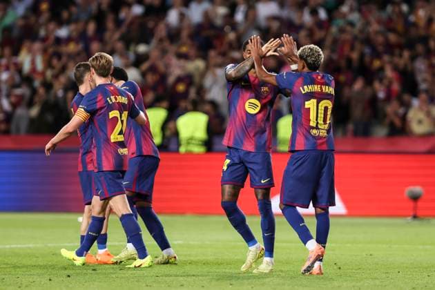 October 21, 2025, Barcelona, Barcelona, SPAIN: Marcus Rashford of FC Barcelona, Barca celebrates a goal with teammates during the UEFA Champions League 2025 26 League Phase MD3 match between FC Barcelona and Olympiacos FC at Estadi Olimpic Lluis Companys on October 21, 2025 in Barcelona, Spain. Barcelona SPAIN - ZUMAa181 20251021_zaa_a181_263 Copyright: xJavierxBorregox