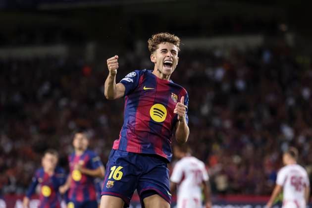 October 21, 2025, Barcelona, Barcelona, SPAIN: Fermin Lopez of FC Barcelona, Barca celebrates a goal during the UEFA Champions League 2025 26 League Phase MD3 match between FC Barcelona and Olympiacos FC at Estadi Olimpic Lluis Companys on October 21, 2025 in Barcelona, Spain. Barcelona SPAIN - ZUMAa181 20251021_zaa_a181_273 Copyright: xJavierxBorregox