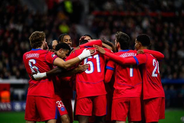 LEVERKUSEN, GERMANY - 21 OCTOBER, 2025: Willian Pacho, Bradley Barcola, Illia Zabarnyi, Warren Zaire-Emery, Khvicha Kvaratskhelia, Senny Mayulu - UEFA Champions League, match Bayer Leverkusen vs Paris Saint Germain at BayArena.  Copyright: xx