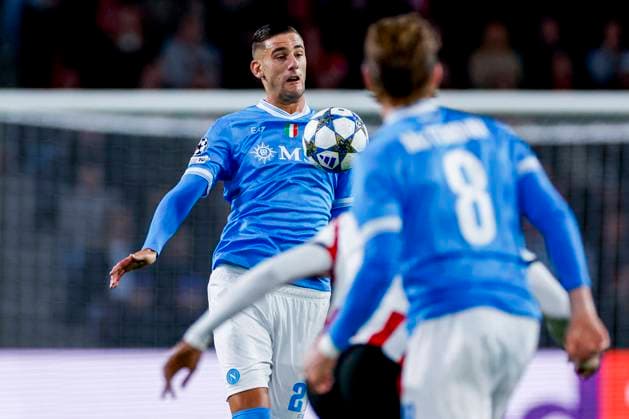 Lorenzo Lucca of SSC Napoli controls the ball PSV Eindhoven v SSC Napoli, UEFA Champions League 2025 26 League Phase MD3, PSV Eindhoven v SSC Napoli, PSV Stadion, October 21, 2025, Eindhoven, Netherlands.