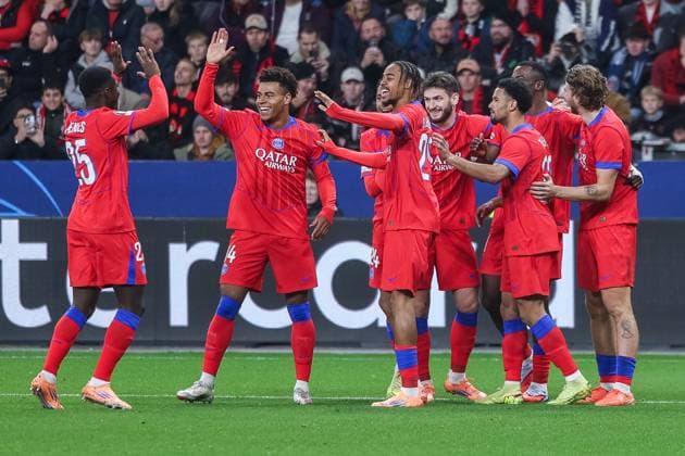 Soccer Champions League Matchday 3 Bayer 04 Leverkusen Paris St Germain on 21 10 2025 at BayArena in Leverkusen Goal celebration to 0 1 by Willian Pacho Paris xJRx
