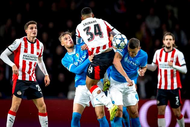 PSV Eindhoven midfielder Ismael Saibari, SSC Napoli defender Alessandro Buongiorno during the match PSV Eindhoven vs SSC Napoli at the Philips stadium for the Champions League - League phase - Matchday 3 season 2025-2026 in EINDHOVEN, Netherlands on 21 oktober 2025, (photo by Marcel van Dorst EYE4images DeFodi Images) PSV Eindhoven midfielder Ismael Saibari, SSC Napoli defender Alessandro Buongiorno during the match PSV Eindhoven vs SSC Napoli at the Philips stadium for the Champions League phase Matchday 3 season 2025 2026 in EINDHOVEN, Netherlands on 21 oktober 2025, photo by Marcel van Dorst EYE4images DeFodi Images
