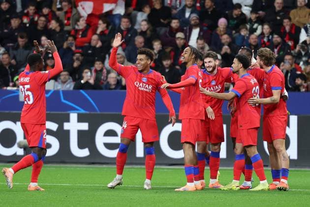 21 10 2025, xrekx, Football UEFA Champions League, Bayer 04 Leverkusen Paris St Germain PSG v l Goal celebration after the goal to celebrate the goal celebrate 0 1 by Willian Pacho FC Paris Saint Germain DFL DFB REGULATIONS PROHIBIT ANY USE OF PHOTOGRAPHS as IMAGE SEQUENCES and or QUASI VIDEO Leverkusen