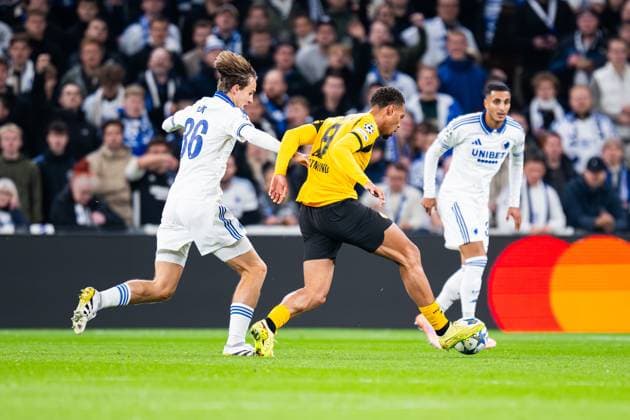 21 10 2025 Football, 2025 2026, Champions League, Matchday 3, FC Copenhagen Borussia Dortmund L R William Clem Copenhagen , Felix Nmecha Dortmund
