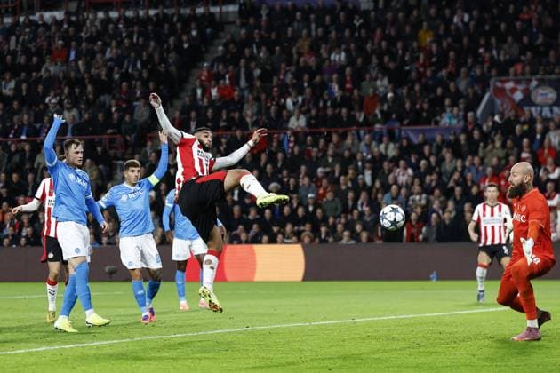 EINDHOVEN , 21-10-2025 , Philips Stadium , season 2025 2026 , UEFA Champions League football , League phase Matchday 3 , match between PSV and Napoli , picture shows PSV player Ismael Saibari scores but offsite PSV - Napoli  x31629700x Copyright: